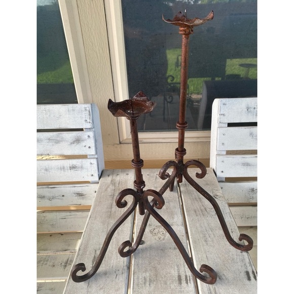 Vintage Wrought Iron Rustic Set Of (2) 16”& 21” Gothic Regency Candle Holders - Picture 2 of 16